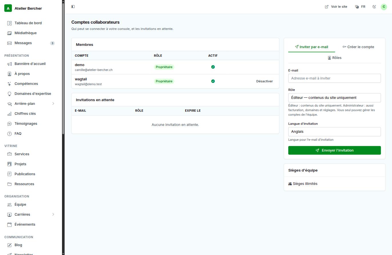 La schermata Account della squadra: i membri con il loro ruolo, gli inviti in sospeso e il pannello di invito.